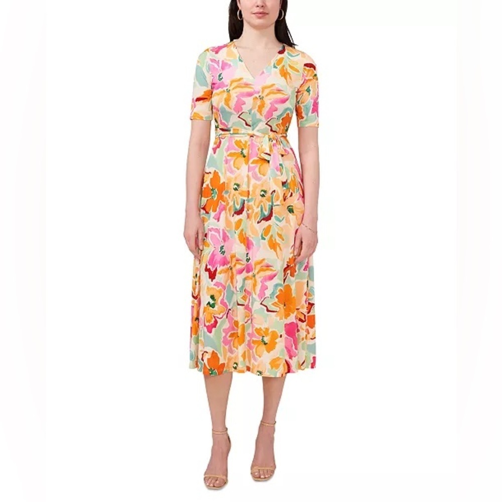 MSK G3 Women's Floral-Print Tie-Waist V-Neck Midi Dress NWT SIZE S
